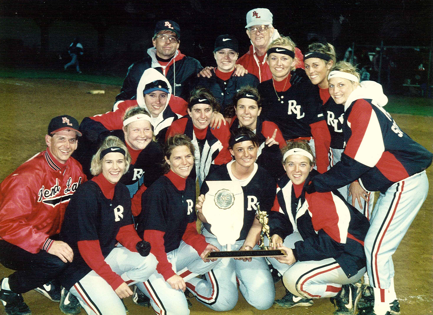 Ellingsworth and the 1995-96 Softball Team celebrate a NJCAA National Fast-Pitch Championship appearance. The team was inducted into RLC's Hall of Fame in 2009. 