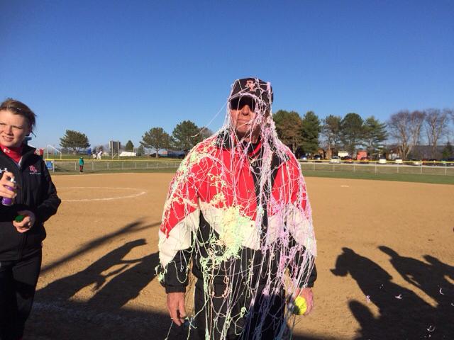 Ellingsworth is doused in Silly String following his 800th win during the 2014-15 season. 